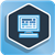 blue rounded square with black hexagon in center. blue computer screen in center of the hexagon