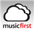 gray square with white clouds and words music first in center